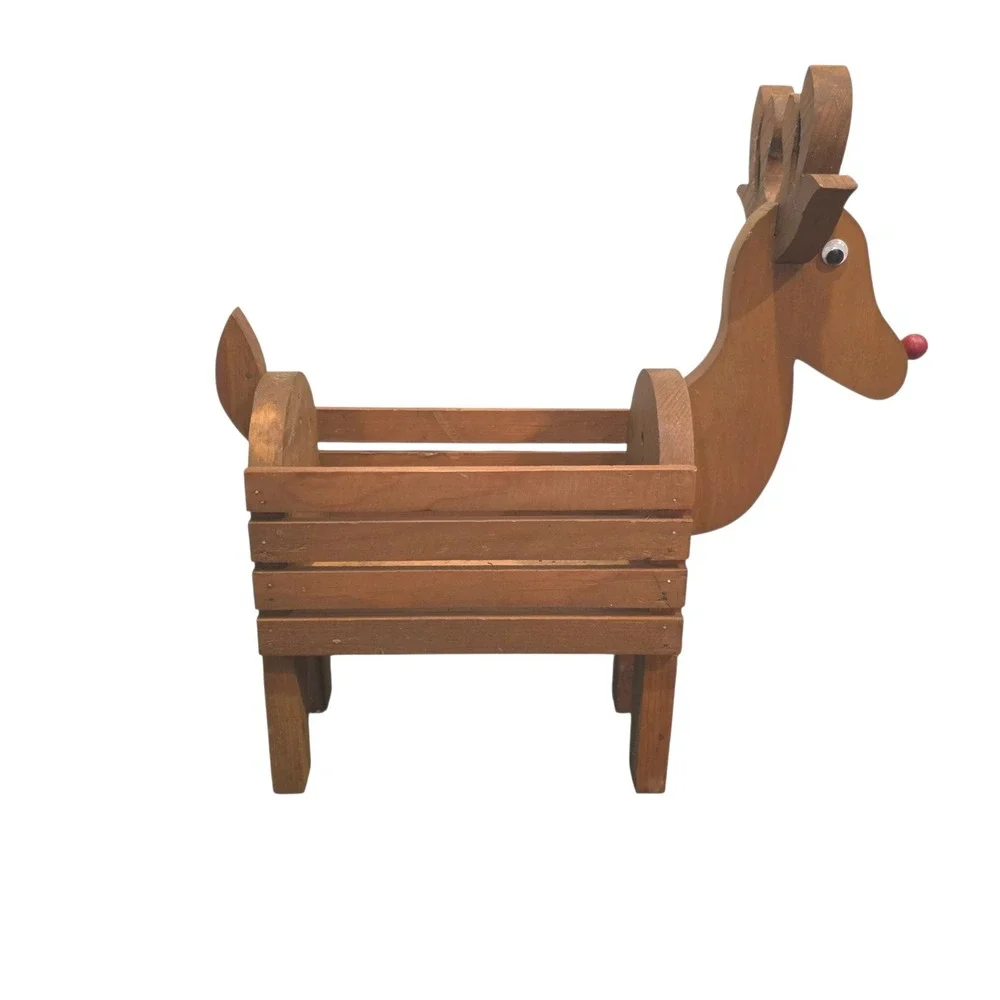 Vintage Rustic Wood Reindeer Planter, Christmas Holiday Rudolph Storage Box 16